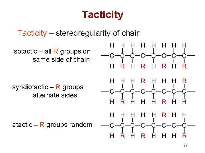 Tacticity – stereoregularity of chain isotactic – all R groups on same side of Tacticity – stereoregularity of chain isotactic – all R groups on same side of