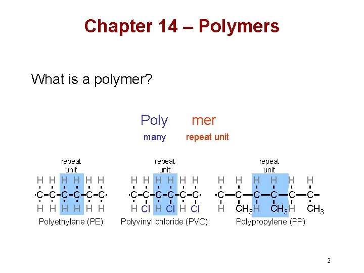Chapter 14 – Polymers What is a polymer? Poly many mer repeat unit H Chapter 14 – Polymers What is a polymer? Poly many mer repeat unit H