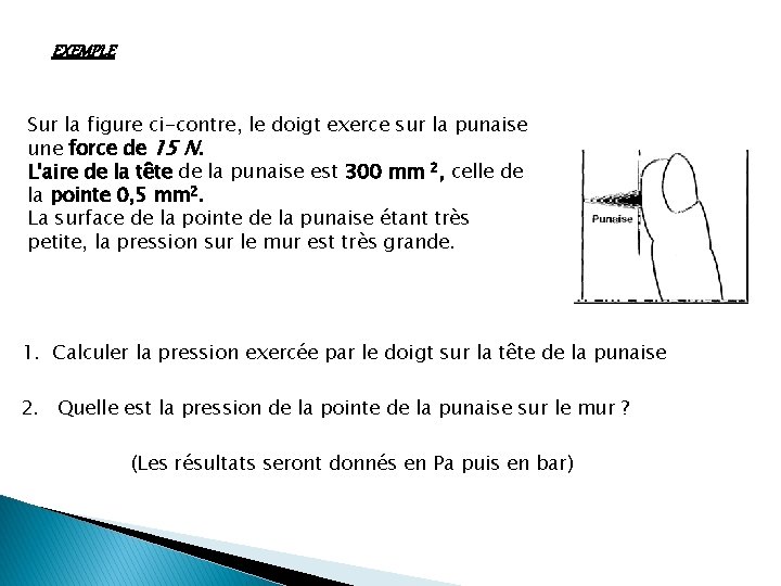 EXEMPLE Sur la figure ci-contre, le doigt exerce sur la punaise une force de