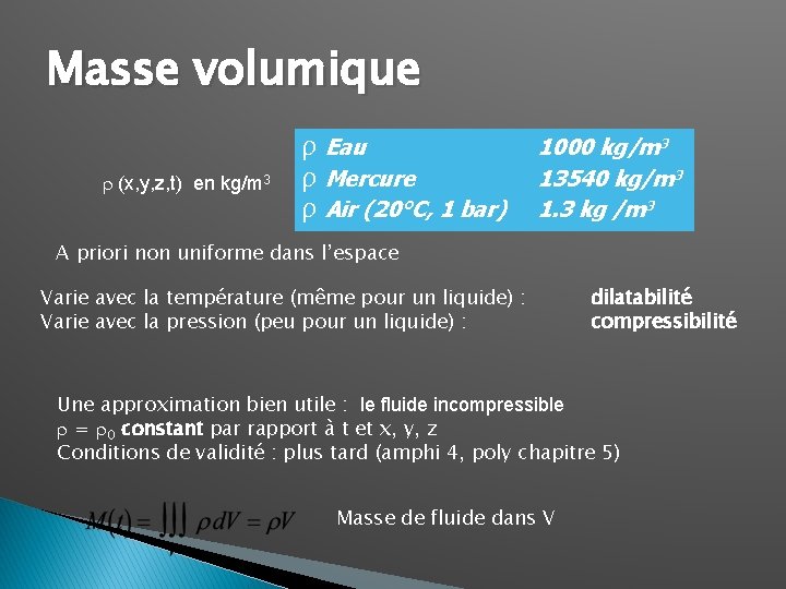 Masse volumique r (x, y, z, t) en kg/m 3 ρ Eau ρ Mercure