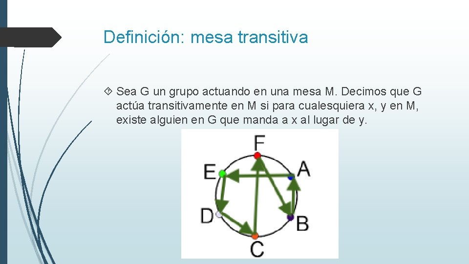 Definición: mesa transitiva Sea G un grupo actuando en una mesa M. Decimos que