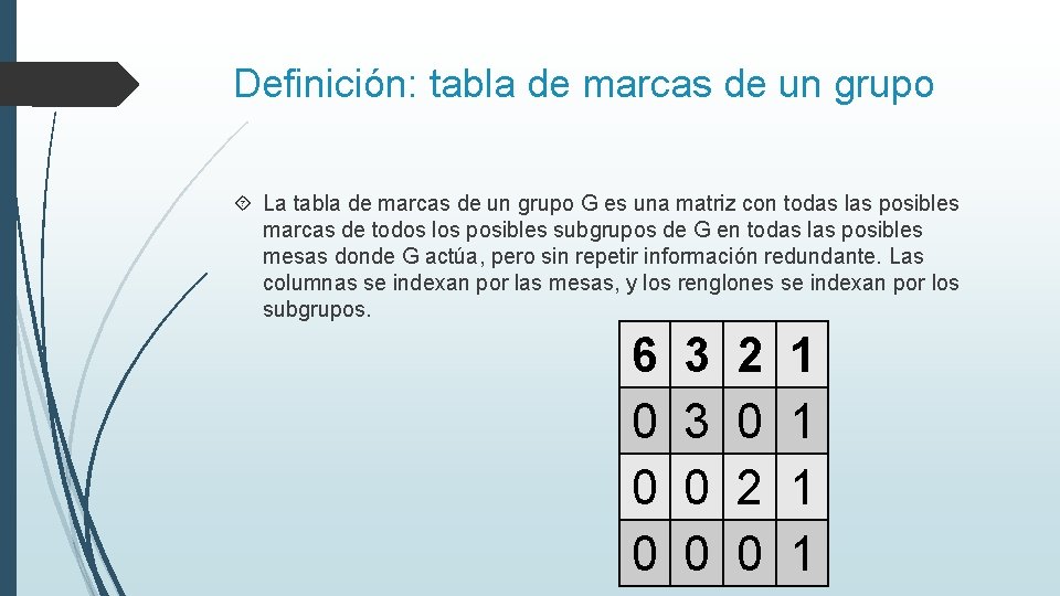 Definición: tabla de marcas de un grupo La tabla de marcas de un grupo