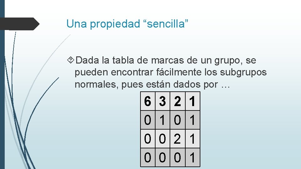 Una propiedad “sencilla” Dada la tabla de marcas de un grupo, se pueden encontrar