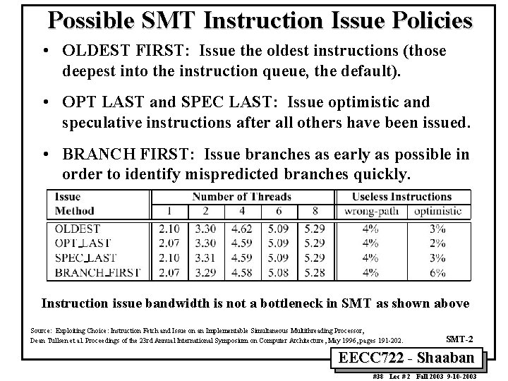 Possible SMT Instruction Issue Policies • OLDEST FIRST: Issue the oldest instructions (those deepest