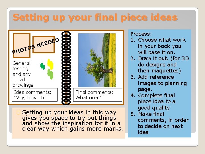 Setting up your final piece ideas T PHO OS ED D NEE General testing