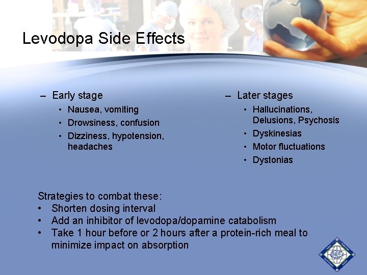 Levodopa Side Effects – Early stage • Nausea, vomiting • Drowsiness, confusion • Dizziness, Levodopa Side Effects – Early stage • Nausea, vomiting • Drowsiness, confusion • Dizziness,