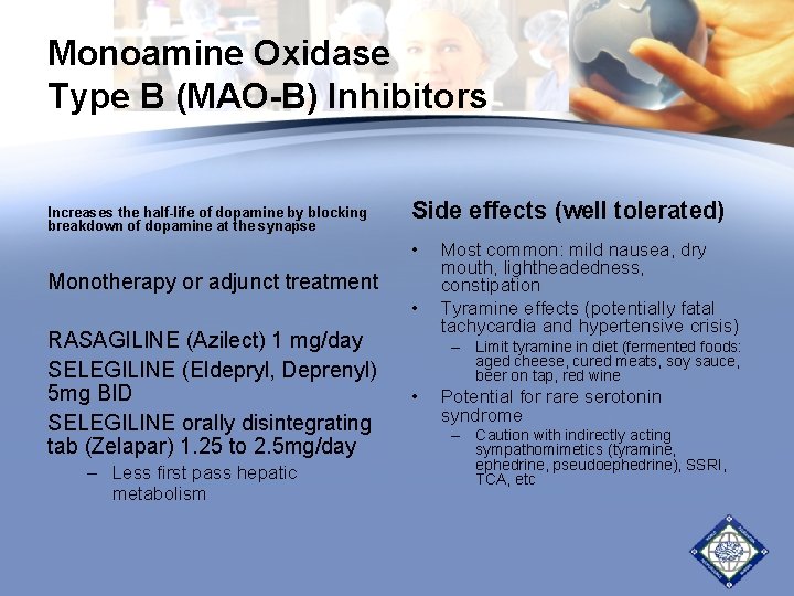 Monoamine Oxidase Type B (MAO-B) Inhibitors Increases the half-life of dopamine by blocking breakdown Monoamine Oxidase Type B (MAO-B) Inhibitors Increases the half-life of dopamine by blocking breakdown