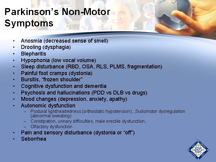 Parkinson’s Non-Motor Symptoms • • • Anosmia (decreased sense of smell) Drooling (dysphagia) Blepharitis Parkinson’s Non-Motor Symptoms • • • Anosmia (decreased sense of smell) Drooling (dysphagia) Blepharitis