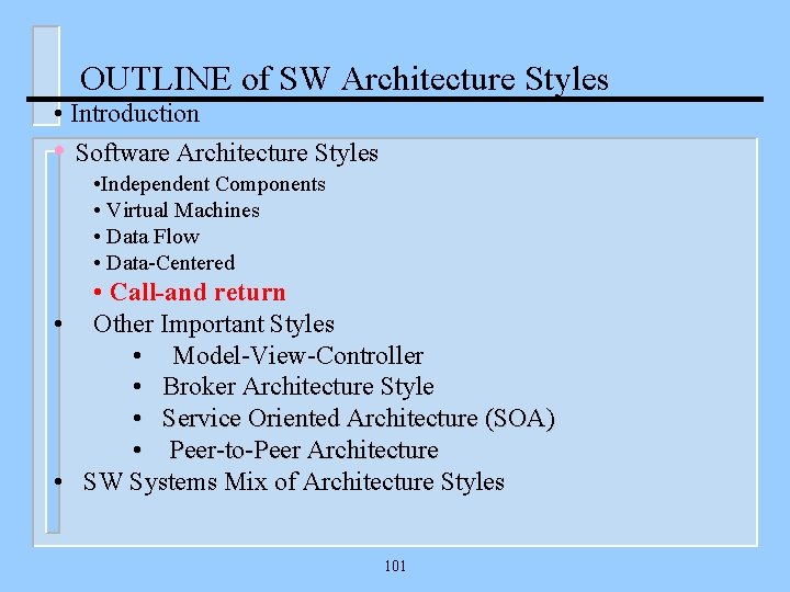 OUTLINE of SW Architecture Styles • Introduction • Software Architecture Styles • Independent Components