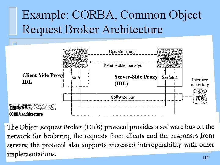 Example: CORBA, Common Object Request Broker Architecture Client-Side Proxy IDL Server-Side Proxy (IDL) 115