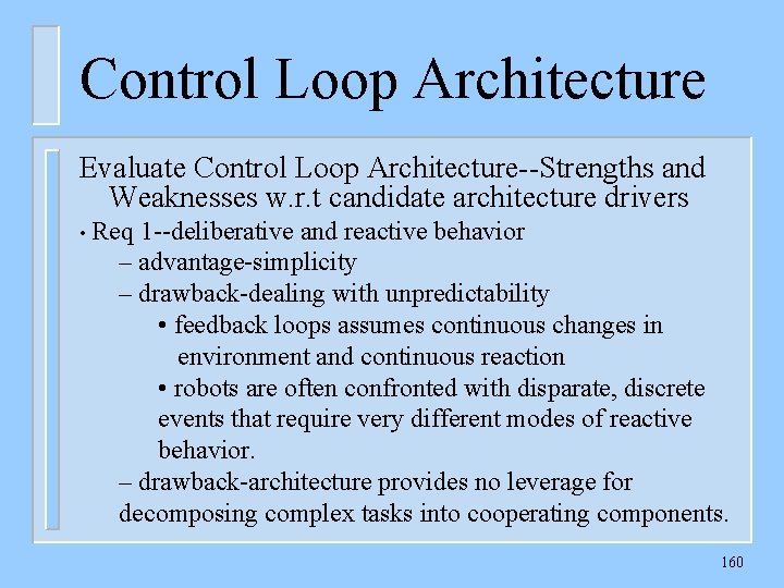 Control Loop Architecture Evaluate Control Loop Architecture--Strengths and Weaknesses w. r. t candidate architecture