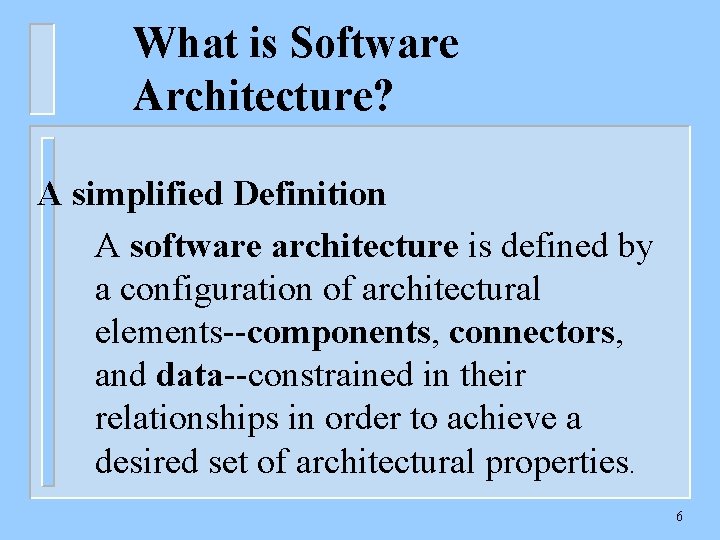 What is Software Architecture? A simplified Definition A software architecture is defined by a