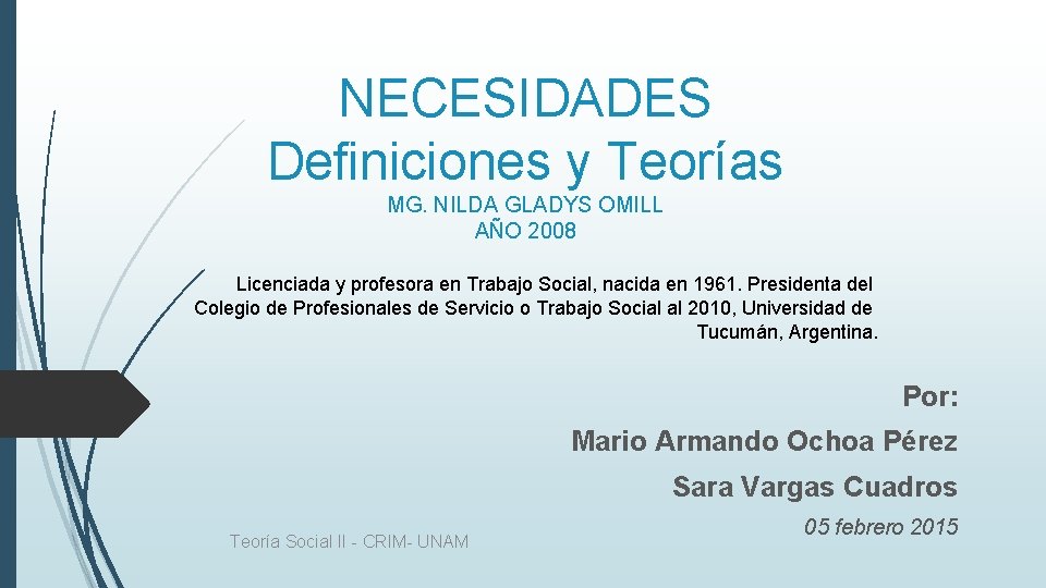 NECESIDADES Definiciones y Teorías MG. NILDA GLADYS OMILL AÑO 2008 Licenciada y profesora en