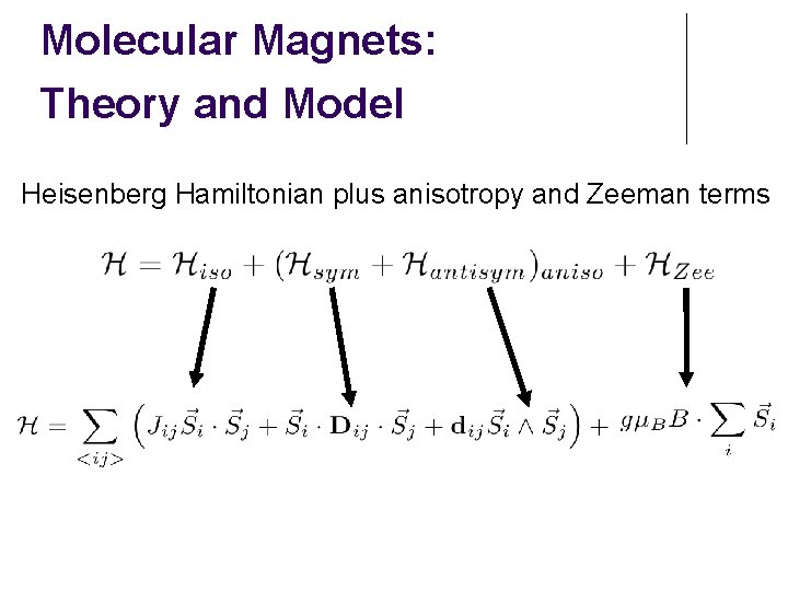 Molecular Magnets: Theory and Model Heisenberg Hamiltonian plus anisotropy and Zeeman terms 