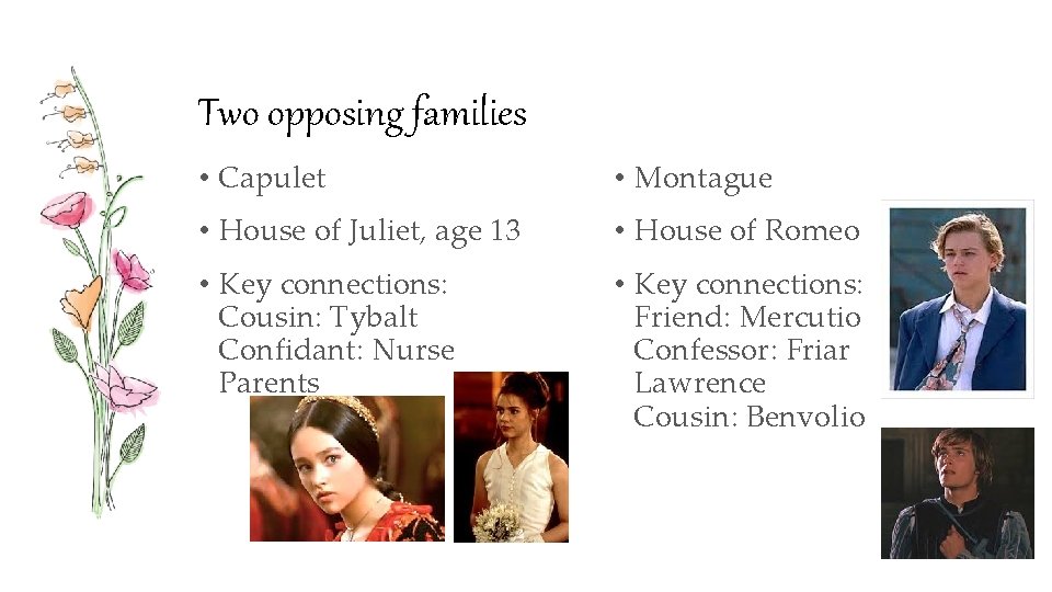 Two opposing families • Capulet • Montague • House of Juliet, age 13 •