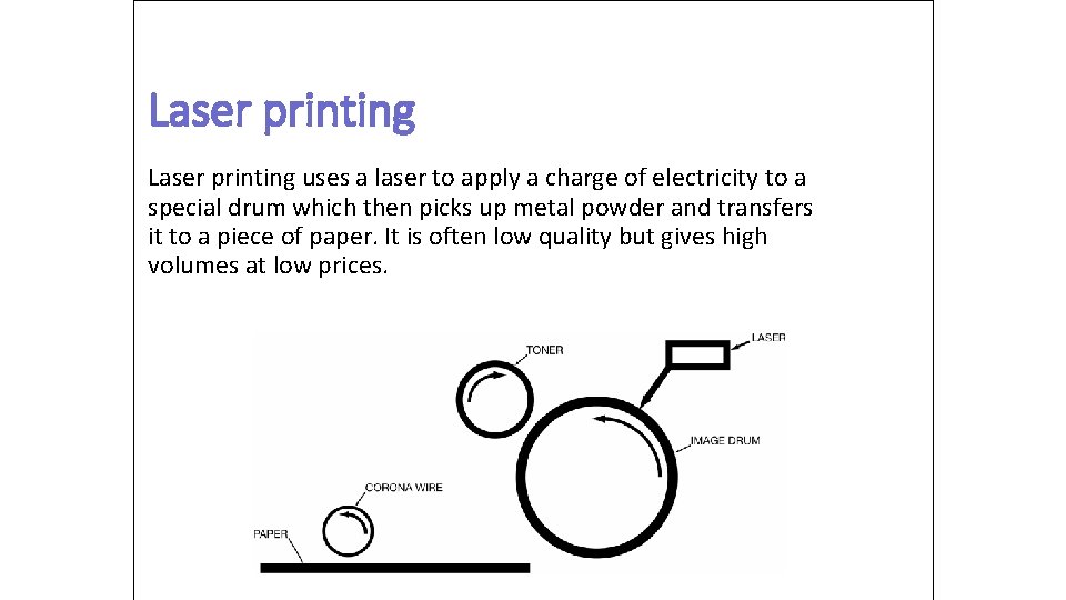 Laser printing uses a laser to apply a charge of electricity to a special