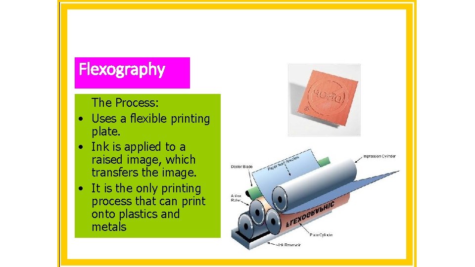 Flexography The Process: • Uses a flexible printing plate. • Ink is applied to