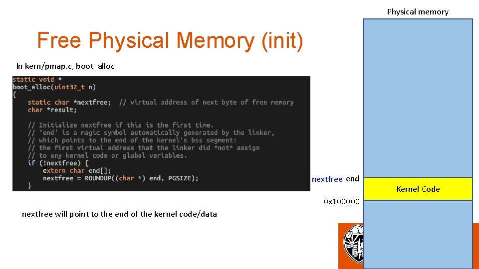 Physical memory Free Physical Memory (init) In kern/pmap. c, boot_alloc nextfree end 0 x