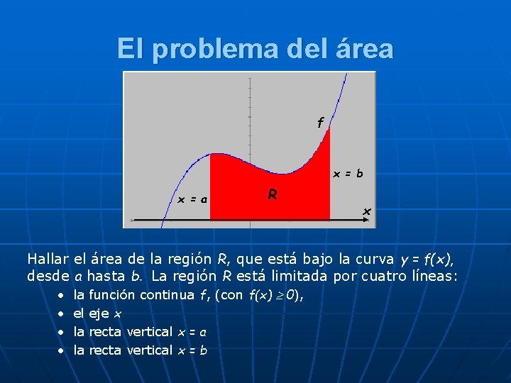 El problema del área f x = b x = a R x la