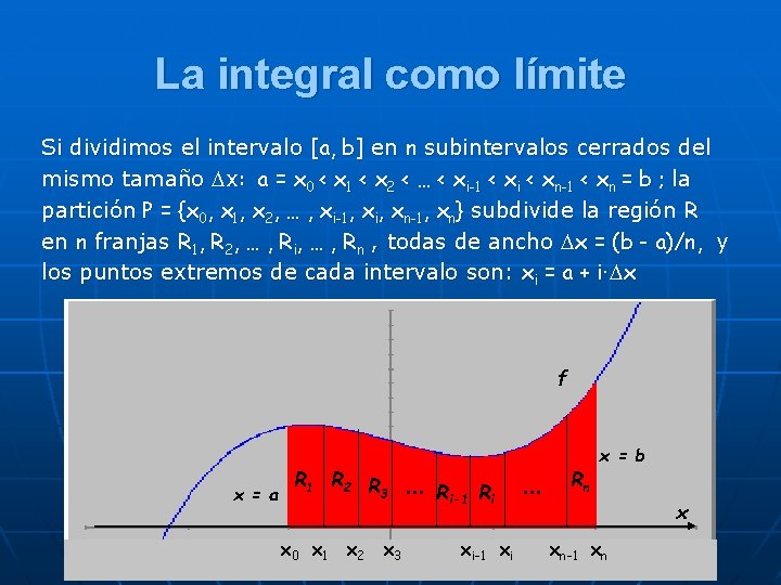 La integral como límite Si dividimos el intervalo [a, b] en n subintervalos cerrados