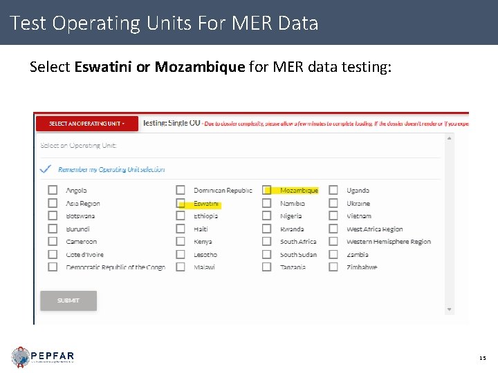 Test Operating Units For MER Data Select Eswatini or Mozambique for MER data testing: