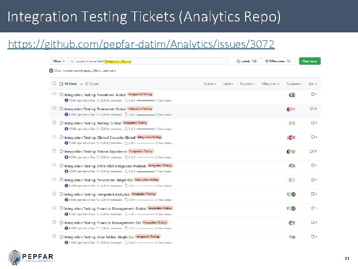 Integration Testing Tickets (Analytics Repo) https: //github. com/pepfar-datim/Analytics/issues/3072 21 