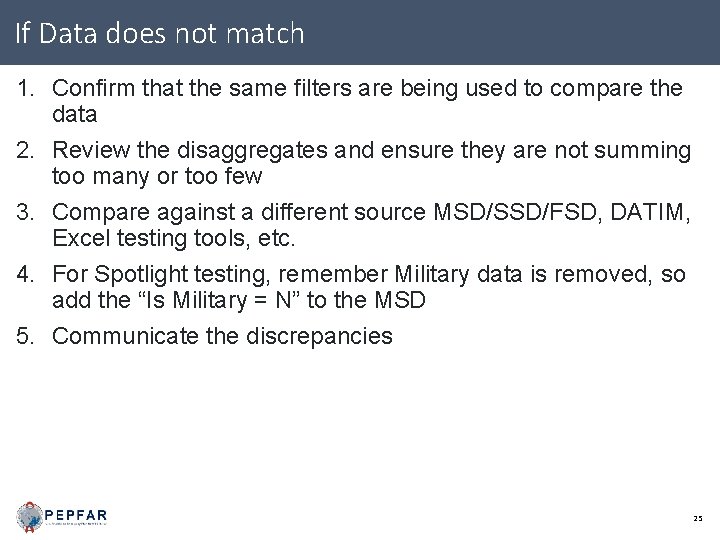 If Data does not match 1. Confirm that the same filters are being used