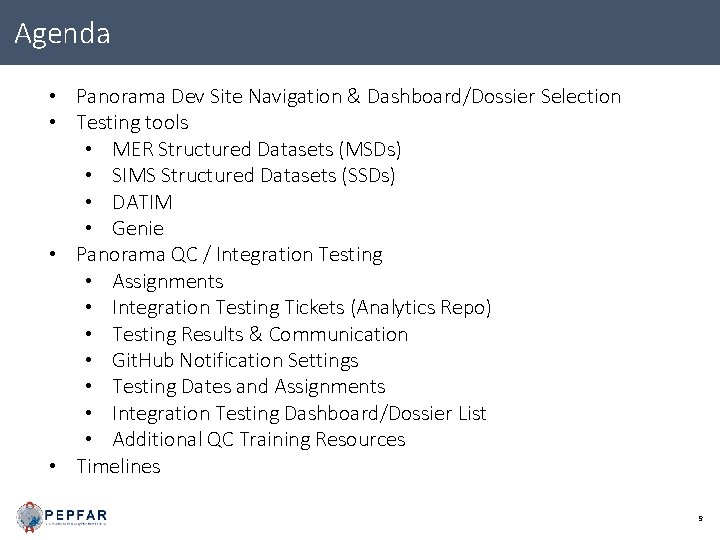 Agenda • Panorama Dev Site Navigation & Dashboard/Dossier Selection • Testing tools • MER