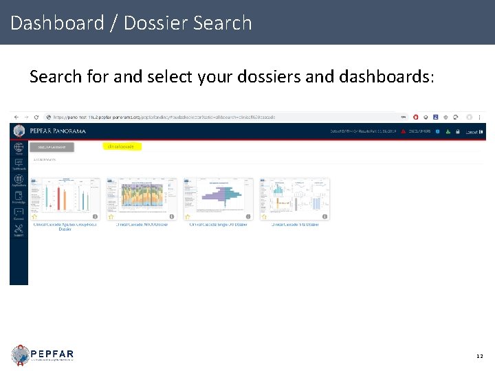 Dashboard / Dossier Search for and select your dossiers and dashboards: 12 