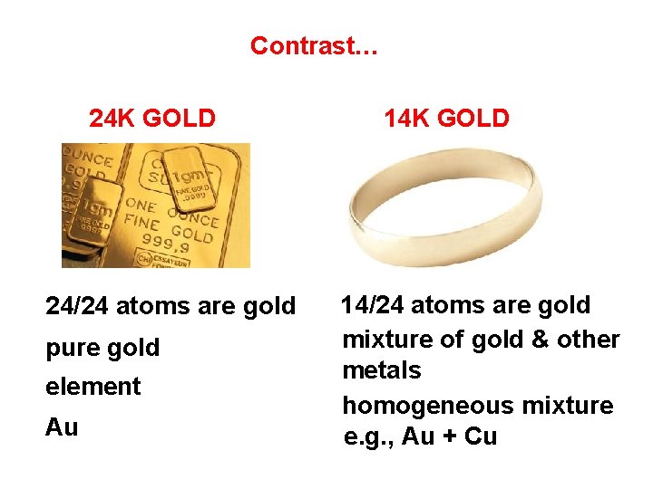 Contrast… 24 K GOLD 24/24 atoms are gold pure gold element Au 14 K