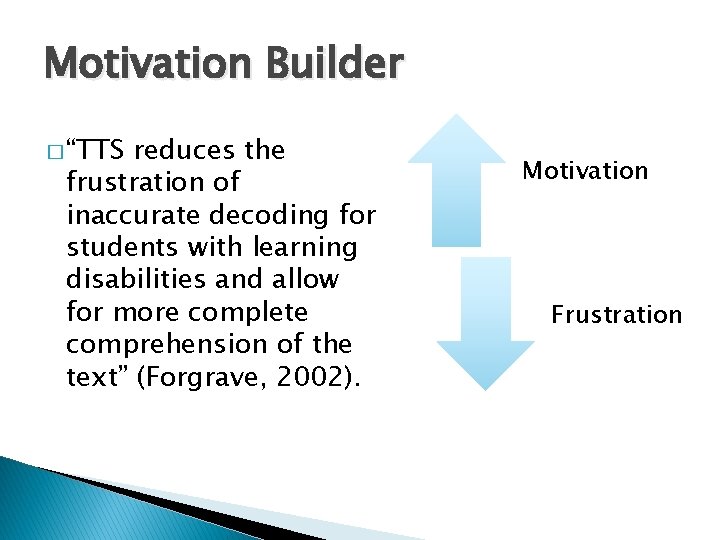 Motivation Builder � “TTS reduces the frustration of inaccurate decoding for students with learning