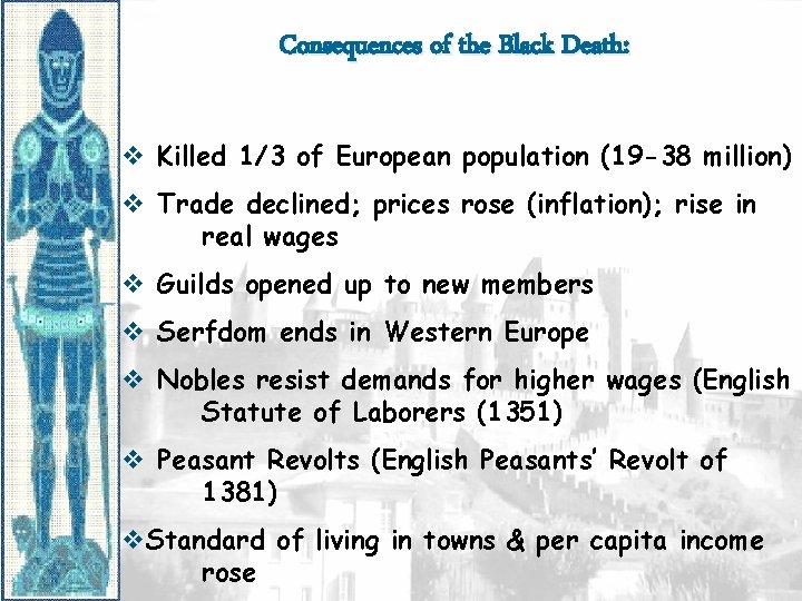 Consequences of the Black Death: v Killed 1/3 of European population (19 -38 million)