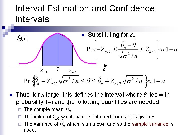 Interval Estimation and Confidence Intervals n f. Z(x) 0 n Substituting for Zn x Interval Estimation and Confidence Intervals n f. Z(x) 0 n Substituting for Zn x