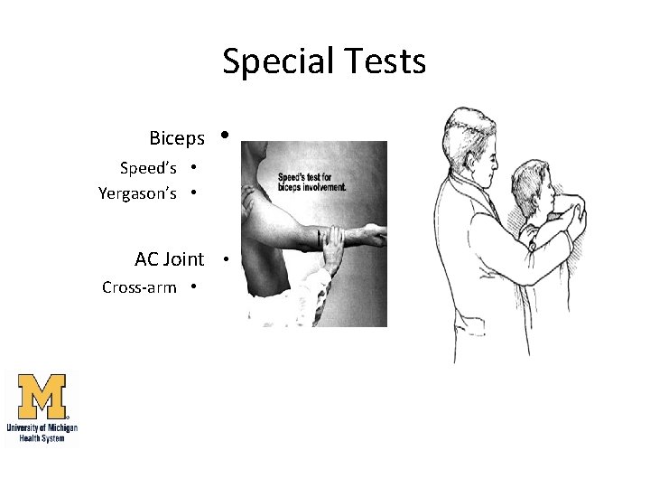 Special Tests Biceps • Speed’s • Yergason’s • AC Joint • Cross-arm • 