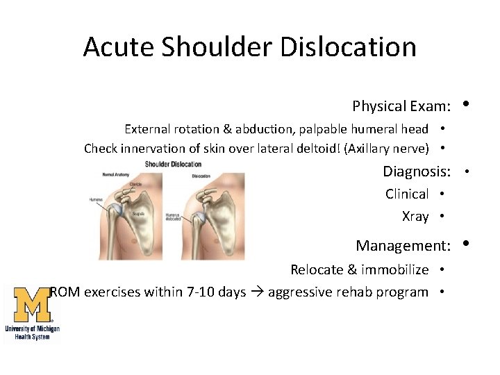 Acute Shoulder Dislocation Physical Exam: • External rotation & abduction, palpable humeral head •