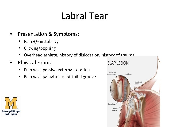 Labral Tear • Presentation & Symptoms: • Pain +/- instability • Clicking/popping • Overhead