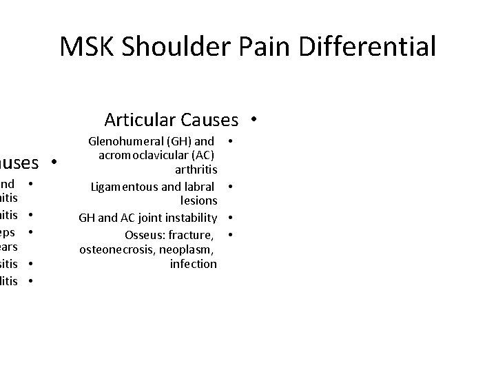 MSK Shoulder Pain Differential Articular Causes • and nitis eps ears sitis litis •
