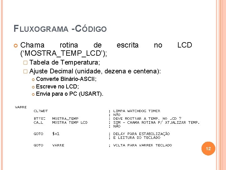 FLUXOGRAMA - CÓDIGO Chama rotina de (‘MOSTRA_TEMP_LCD’); escrita no LCD � Tabela de Temperatura;