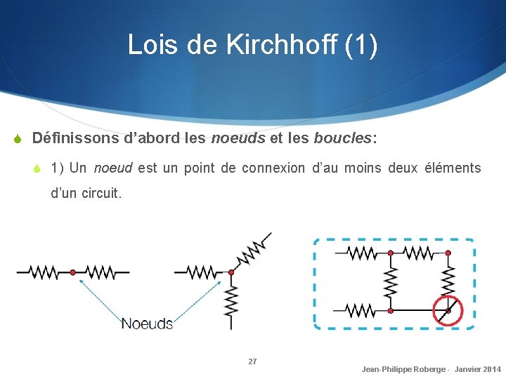Lois de Kirchhoff (1) S Définissons d’abord les noeuds et les boucles: S 1)
