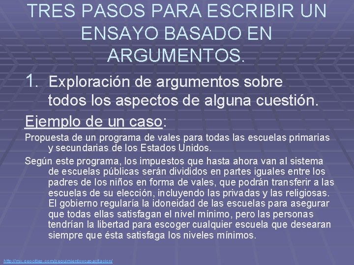 TRES PASOS PARA ESCRIBIR UN ENSAYO BASADO EN ARGUMENTOS. 1. Exploración de argumentos sobre