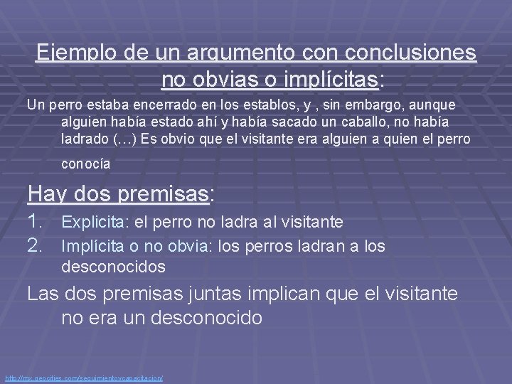 Ejemplo de un argumento conclusiones no obvias o implícitas: Un perro estaba encerrado en