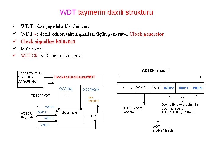 WDT taymerin daxili strukturu • WDT –də aşağıdakı bloklar var: ü WDT -ə daxil