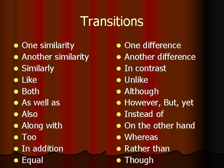 Transitions l l l One similarity Another similarity Similarly Like Both As well as