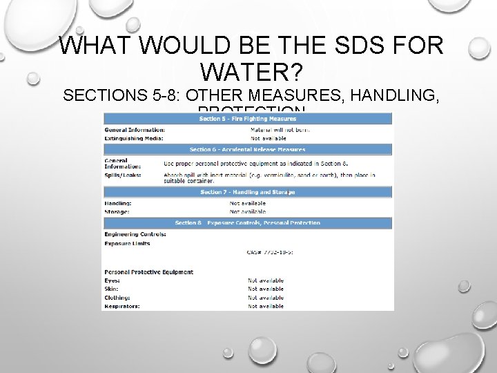 WHAT WOULD BE THE SDS FOR WATER? SECTIONS 5 -8: OTHER MEASURES, HANDLING, PROTECTION WHAT WOULD BE THE SDS FOR WATER? SECTIONS 5 -8: OTHER MEASURES, HANDLING, PROTECTION