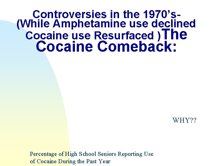 Controversies in the 1970’s(While Amphetamine use declined Cocaine use Resurfaced )The Cocaine Comeback: WHY?