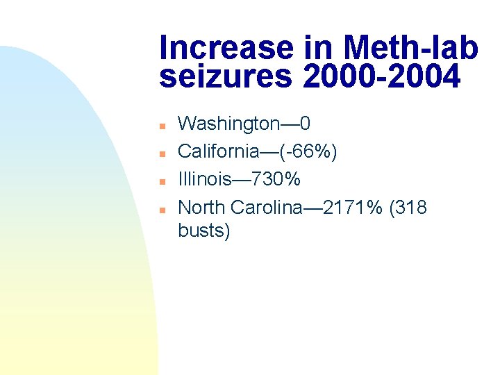 Increase in Meth-lab seizures 2000 -2004 n n Washington— 0 California—(-66%) Illinois— 730% North