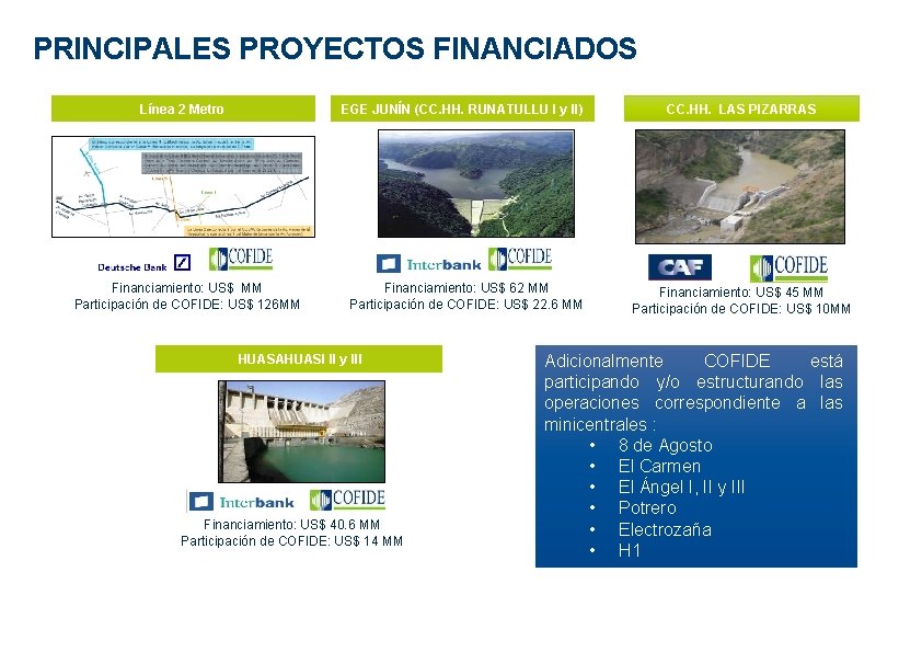 PRINCIPALES PROYECTOS FINANCIADOS Línea 2 Metro EGE JUNÍN (CC. HH. RUNATULLU I y II)