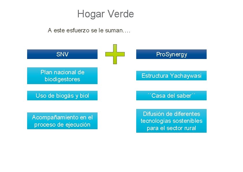 Hogar Verde A este esfuerzo se le suman…. SNV Pro. Synergy Plan nacional de