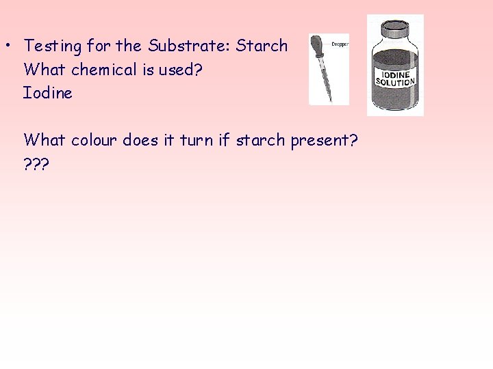  • Testing for the Substrate: Starch What chemical is used? Iodine What colour