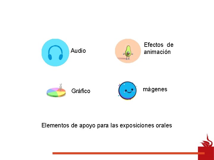 Audio Gráfico Efectos de animación Imágenes Elementos de apoyo para las exposiciones orales 